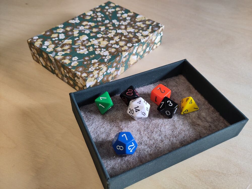 Image of dice box with some dice in it. The lid is decorated with a Japanese print with flowers.